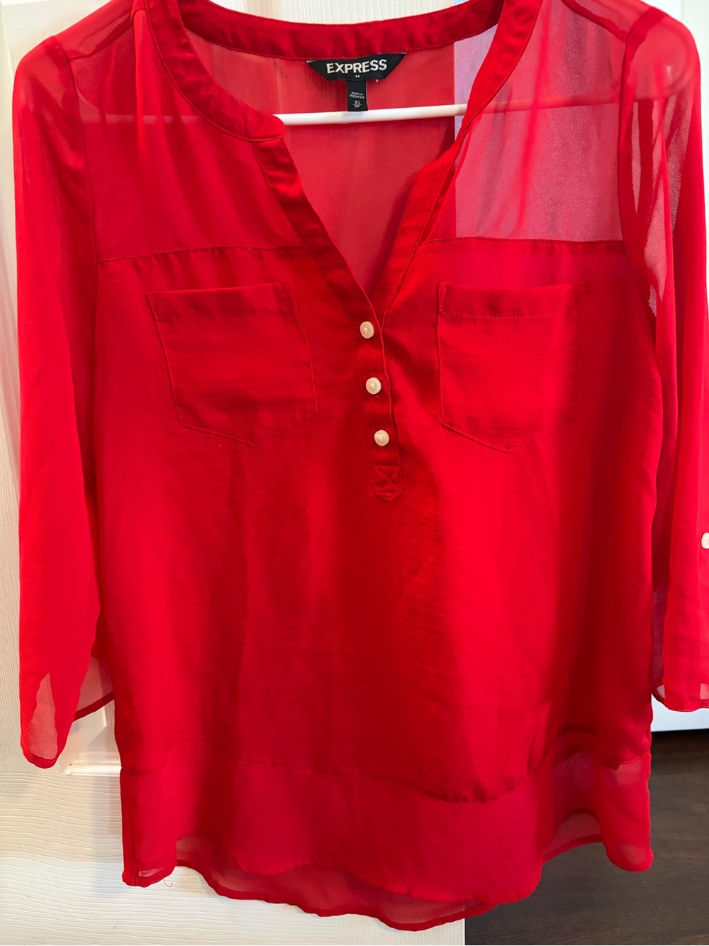 Express Red Sheer V-Neck Button Henley Blouse